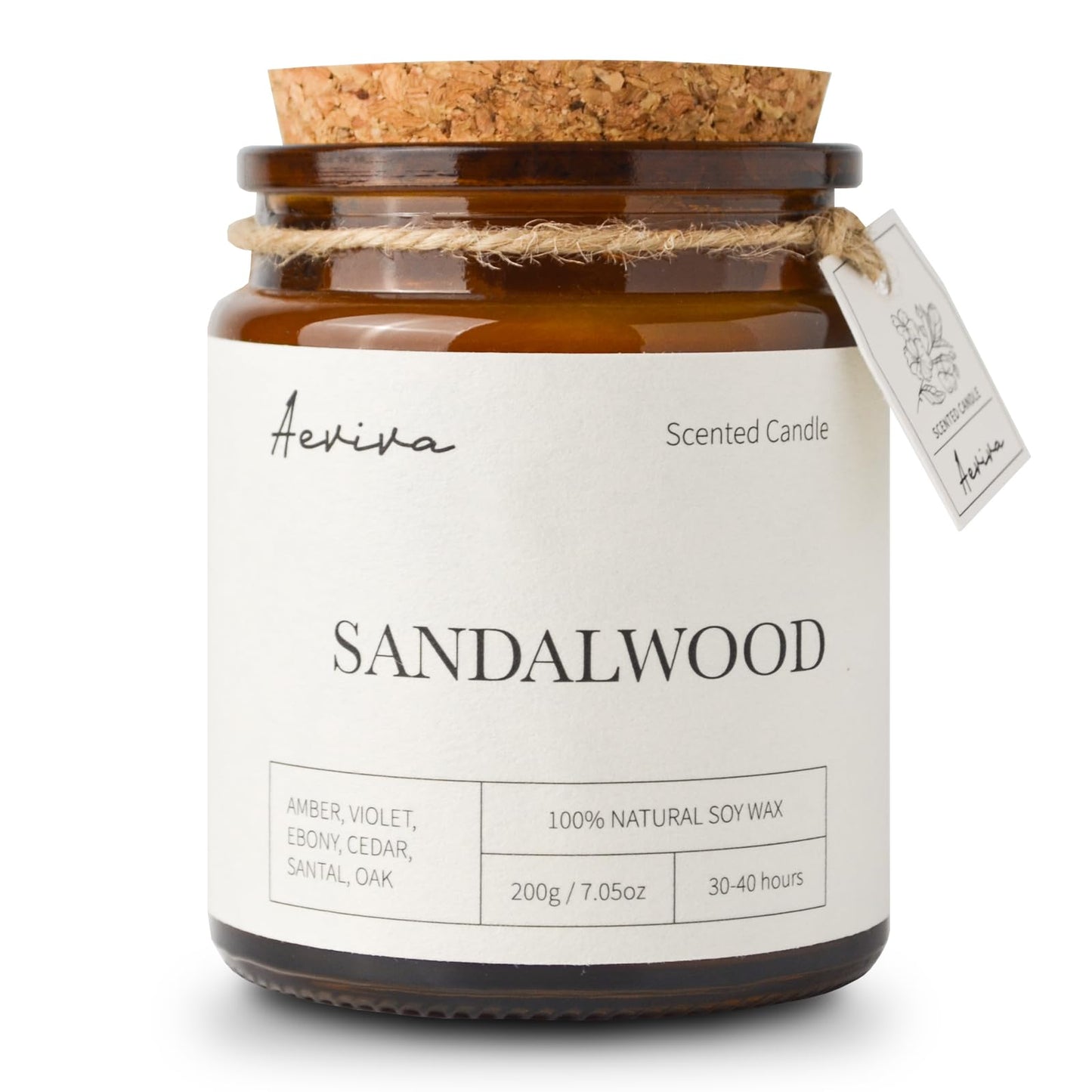 Aeviva Scented Candle – Sandalwood, 7.05 oz, Natural Soy Wax, Wooden Wick, Amber Jar Gift