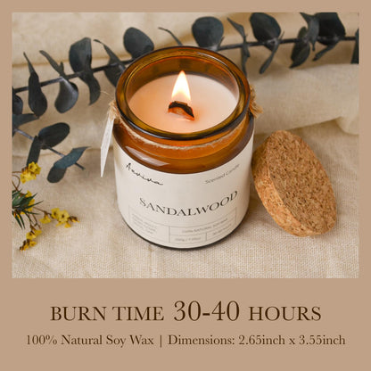 Aeviva Scented Candle – Sandalwood, 7.05 oz, Natural Soy Wax, Wooden Wick, Amber Jar Gift