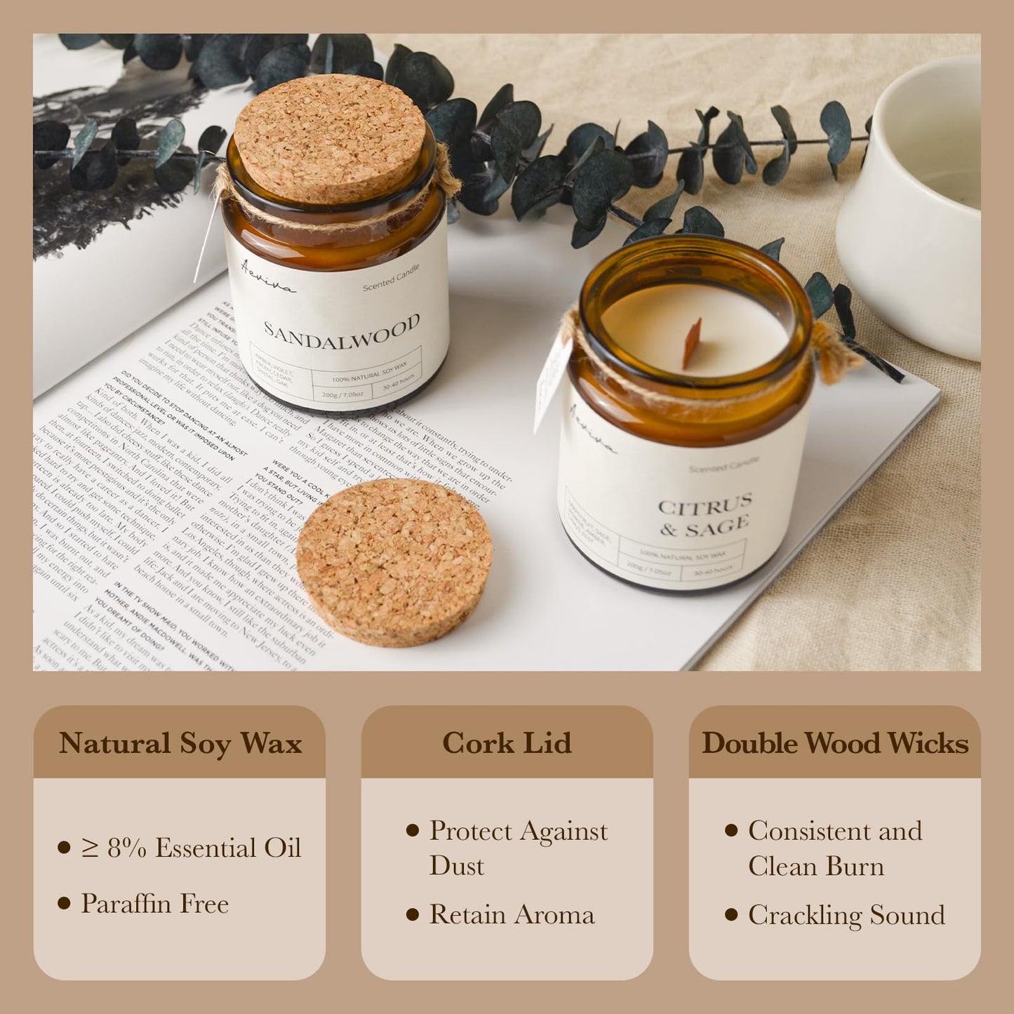 Aeviva Scented Candle – Sandalwood, 7.05 oz, Natural Soy Wax, Wooden Wick, Amber Jar Gift