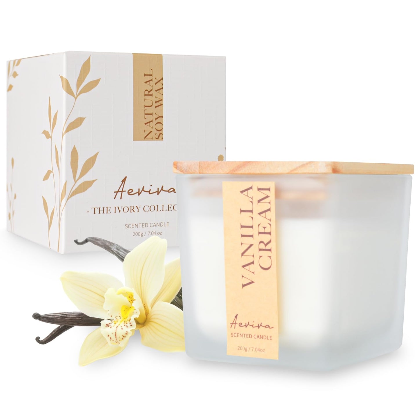 Aeviva Scented Candle - Vanilla Cream, 7.04 oz | Soy Wax, Wood Wick
