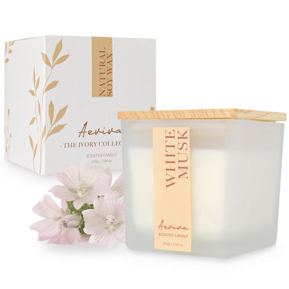 Aeviva White Musk Scented Candle – 7.04 oz Soy Wax, Wooden Wick
