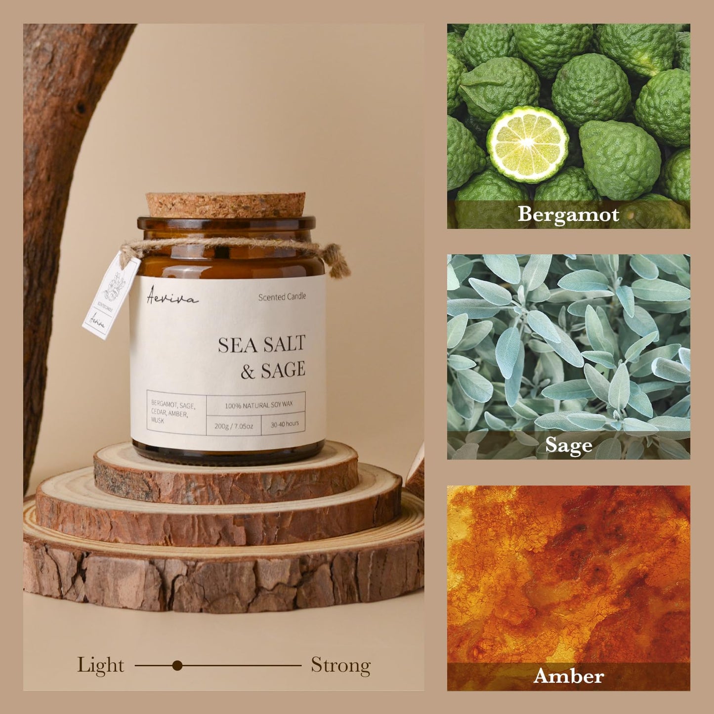 Aeviva Sea Salt & Sage Scented Candle – 7.05 oz, Natural Soy Wax, Wood Wick