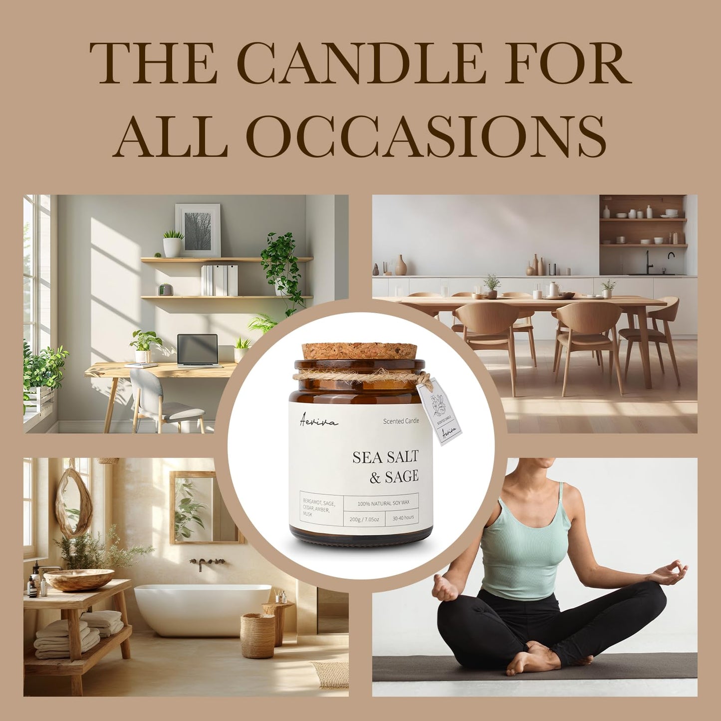 Aeviva Sea Salt & Sage Scented Candle – 7.05 oz, Natural Soy Wax, Wood Wick