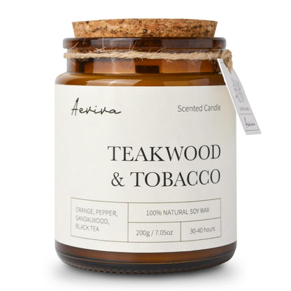 Aeviva Teakwood Tobacco Aromatherapy Candle – 7.05 oz Soy Wax, Wooden Wick