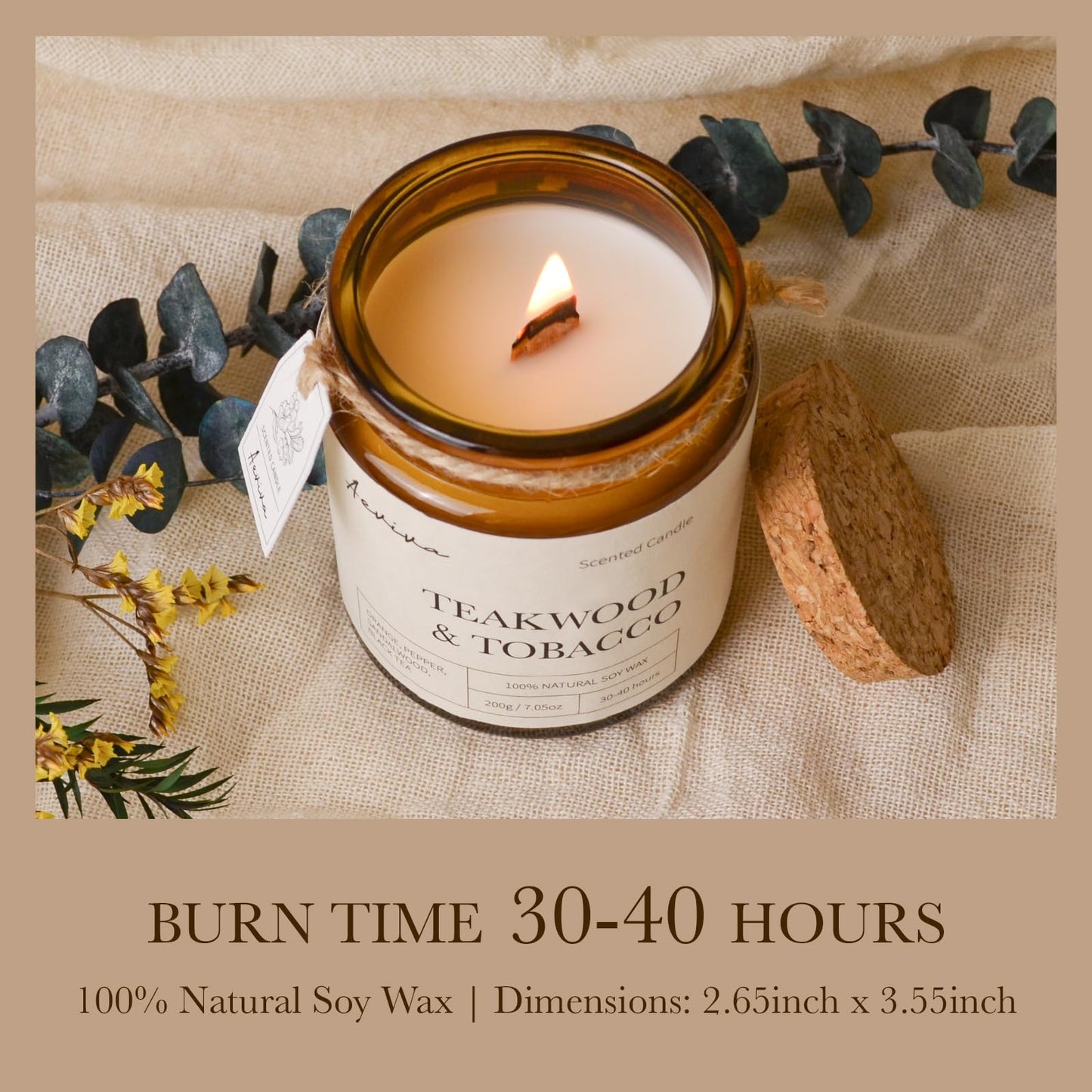 Aeviva Teakwood Tobacco Aromatherapy Candle – 7.05 oz Soy Wax, Wooden Wick