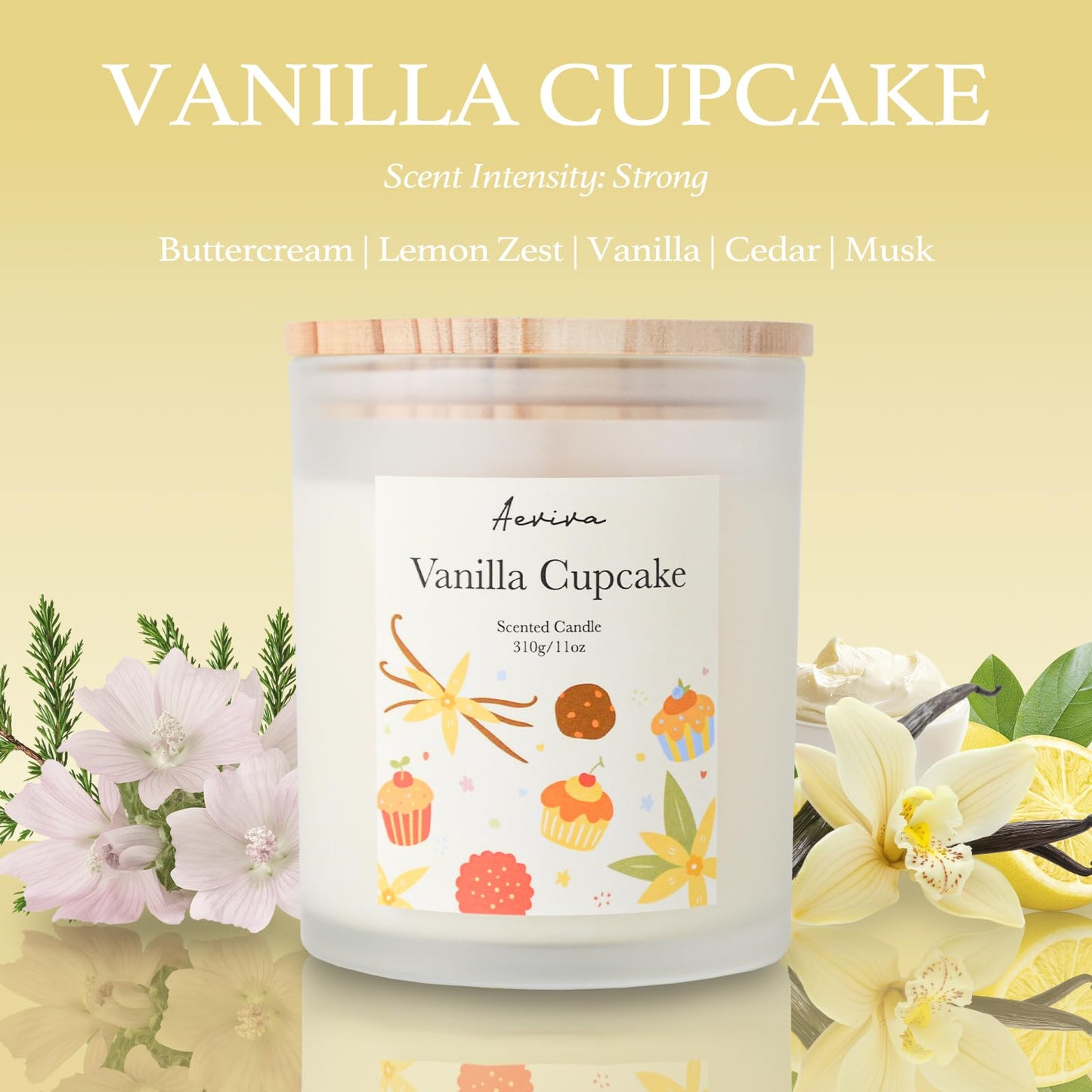 Aeviva Vanilla Cupcake Scented Candle - 11oz, 60 Hour Burn, Natural Soy Wax | Aromatherapy Gift