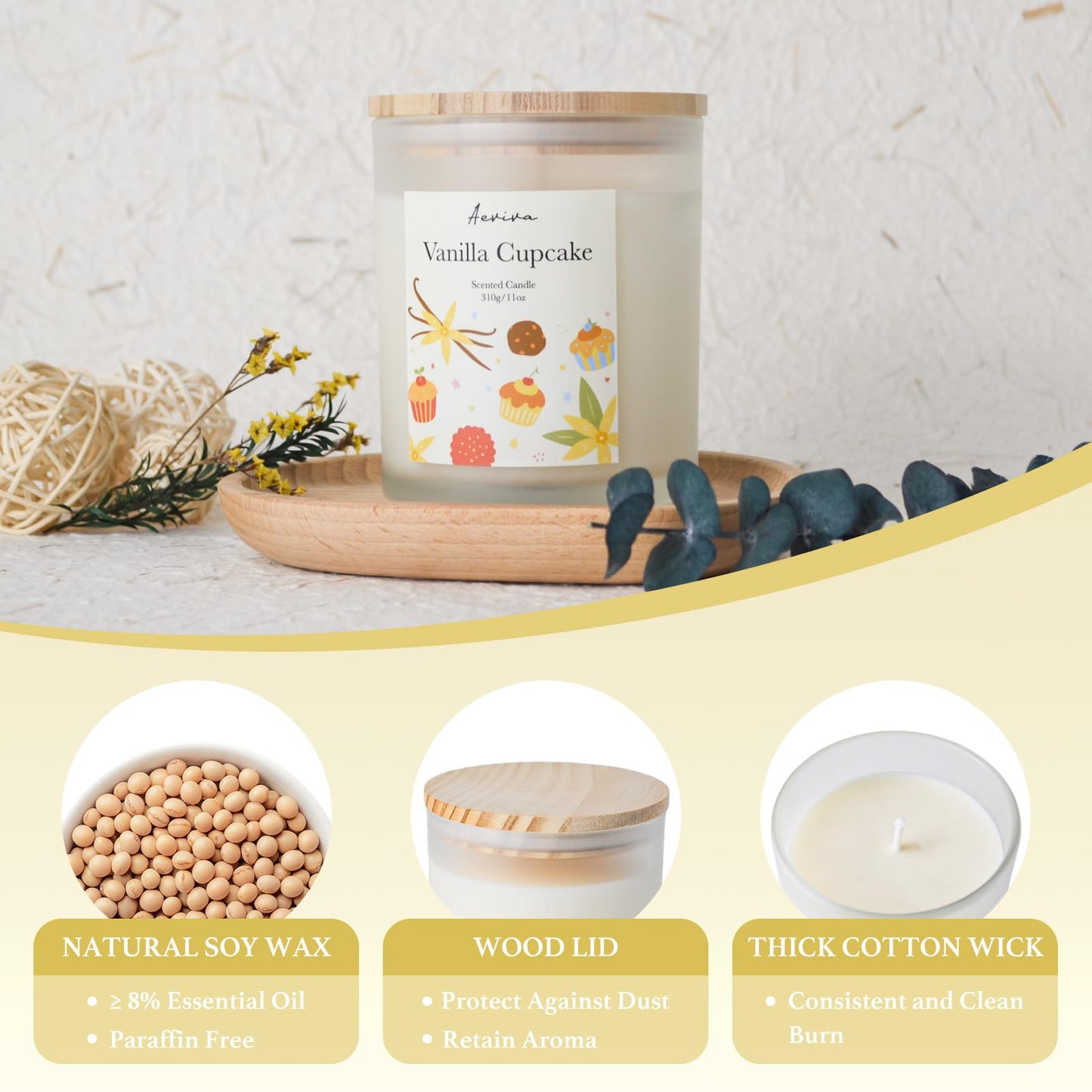 Aeviva Vanilla Cupcake Scented Candle - 11oz, 60 Hour Burn, Natural Soy Wax | Aromatherapy Gift