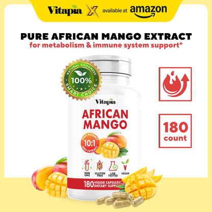 African Mango Capsules for Immune Support, Metabolism & Wellness - Pure 10:1 Irvingia Gabonensis Extract, 180 Veggie Capsules (Non-GMO, Gluten-Free, Vegan)
