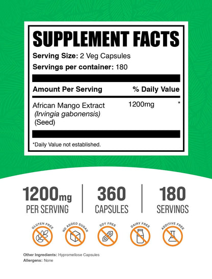 African Mango Extract Capsules 1200mg (Irvingia Gabonensis) – Vegan & Gluten-Free, 360 Capsules