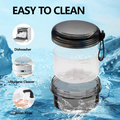 Leak Proof Denture Cups - Travel Bath Case with Brush, Transparent Black