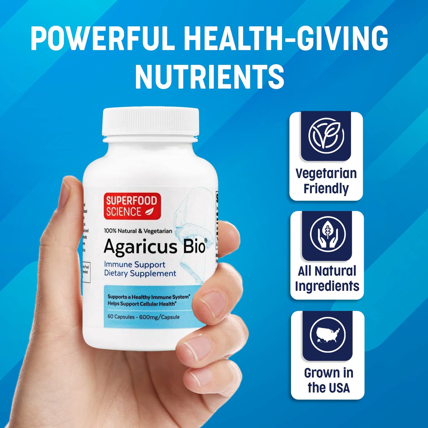 Agaricus Bio 600 mg - USA-Grown Organic ABM Mushroom for Immune Support