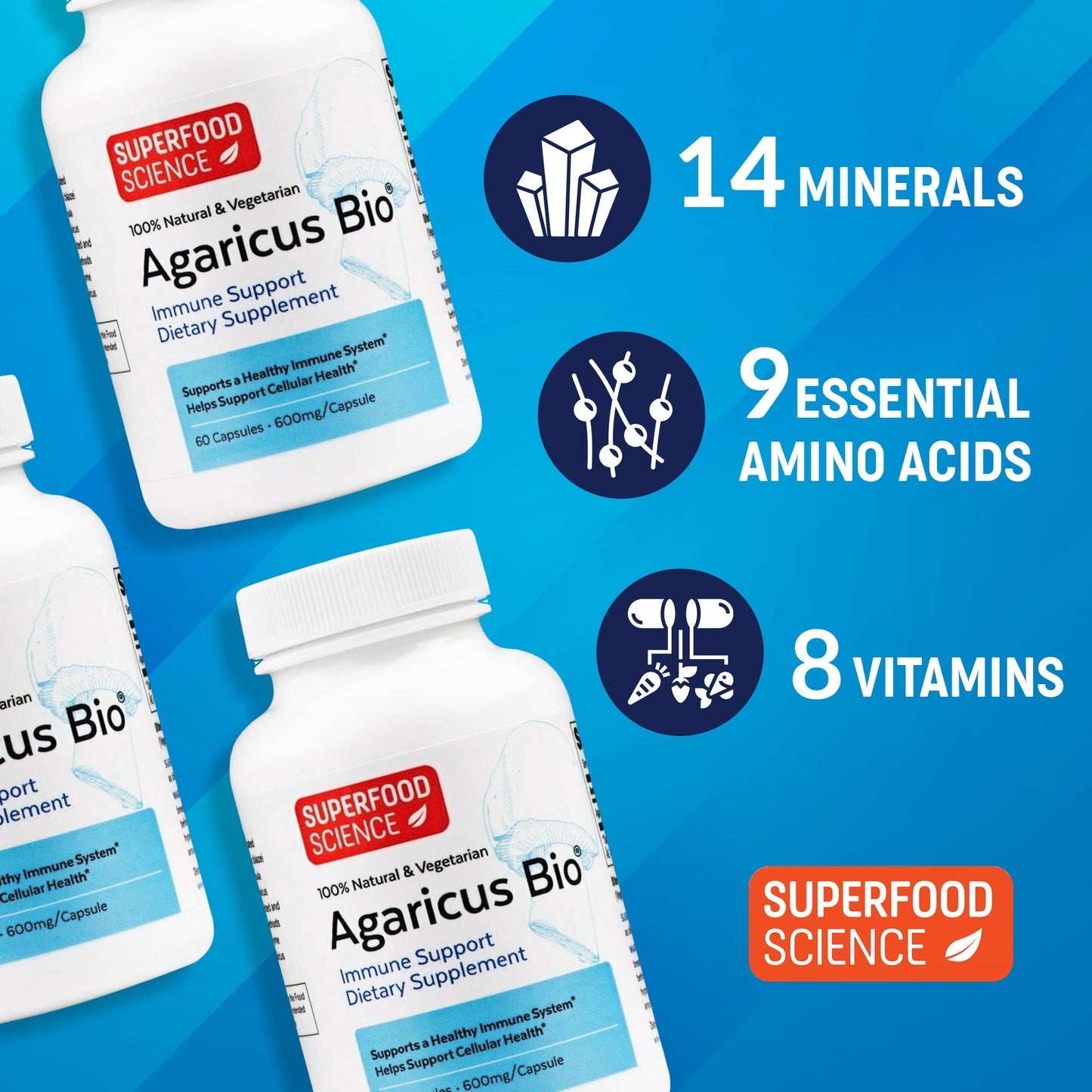 Agaricus Bio 600 mg - USA-Grown Organic ABM Mushroom for Immune Support