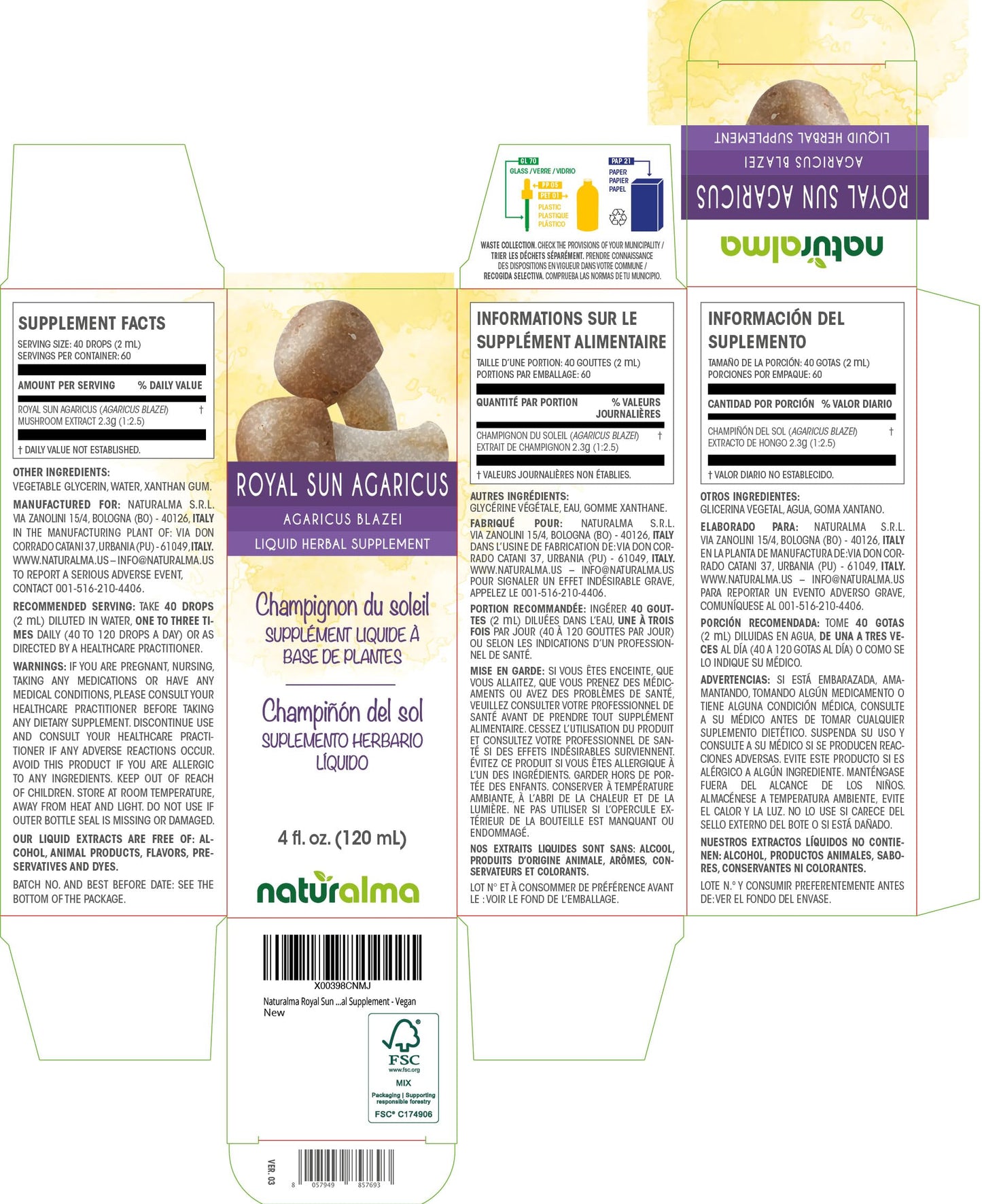 Naturalma Royal Sun Agaricus Mushroom Tincture - Alcohol-Free 4 oz Drops | Vegan Herbal Supplement