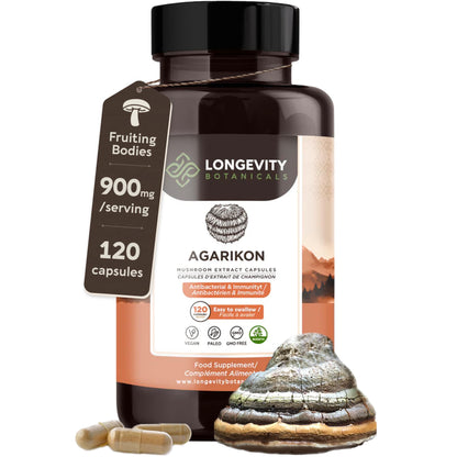 Longevity Botanicals Agarikon Mushroom Extract Capsules (120) – 10:1 Concentrate, 100% Fruiting Bodies