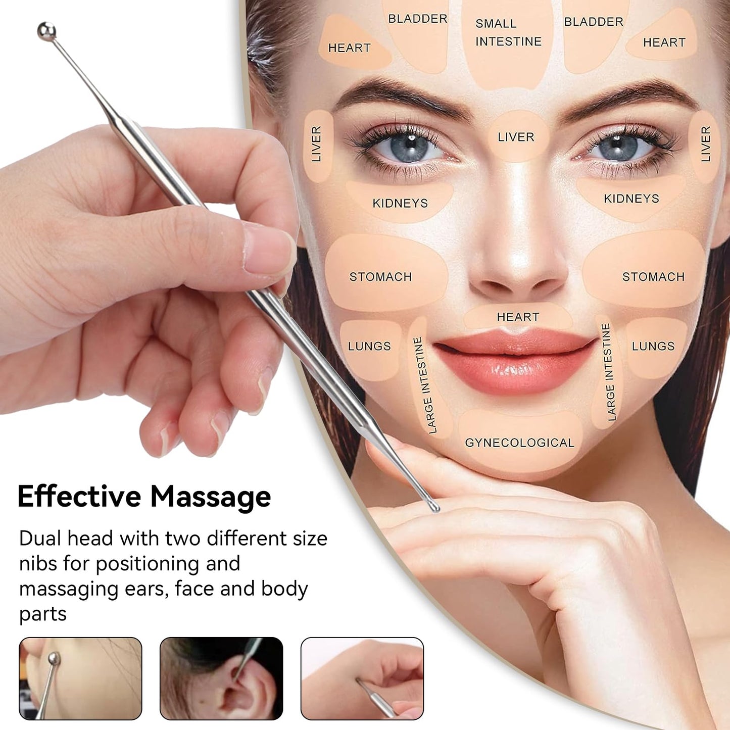 Agatige Dual Head Facial Reflexology Tool - Stainless Steel Acupressure Pen 15cm