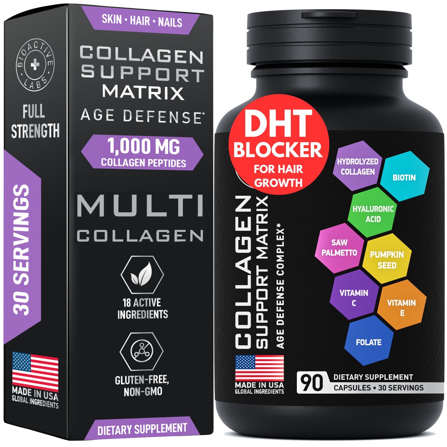 Age Defense Beauty Collagen Matrix – 2,000mg Multi Collagen, Biotin, Keratin, Hyaluronic Acid | 90 Gluten-Free Caps