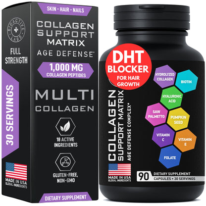 Age Defense Beauty Collagen Matrix – 2,000mg Multi Collagen, Biotin, Keratin, Hyaluronic Acid | 90 Gluten-Free Caps