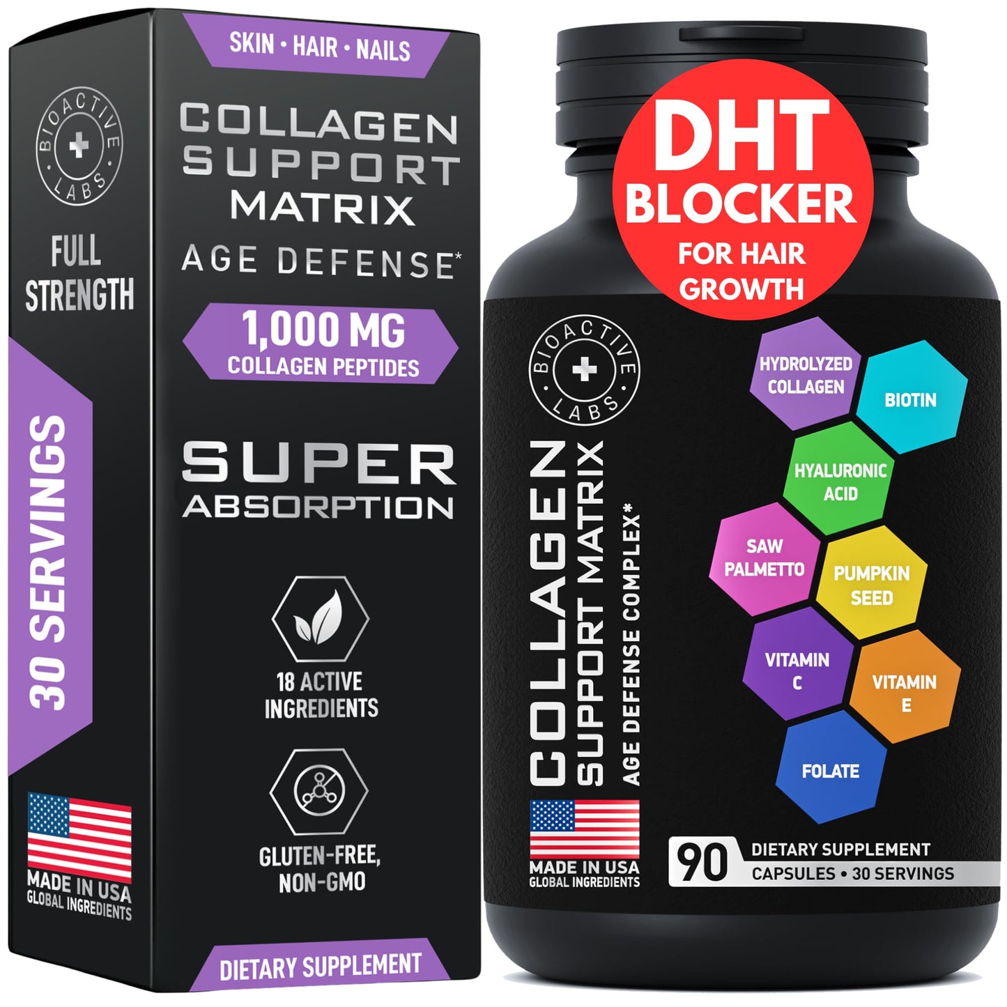 Age Defense Beauty Collagen Matrix – 2,000mg Multi Collagen, Biotin, Keratin, Hyaluronic Acid | 90 Gluten-Free Caps