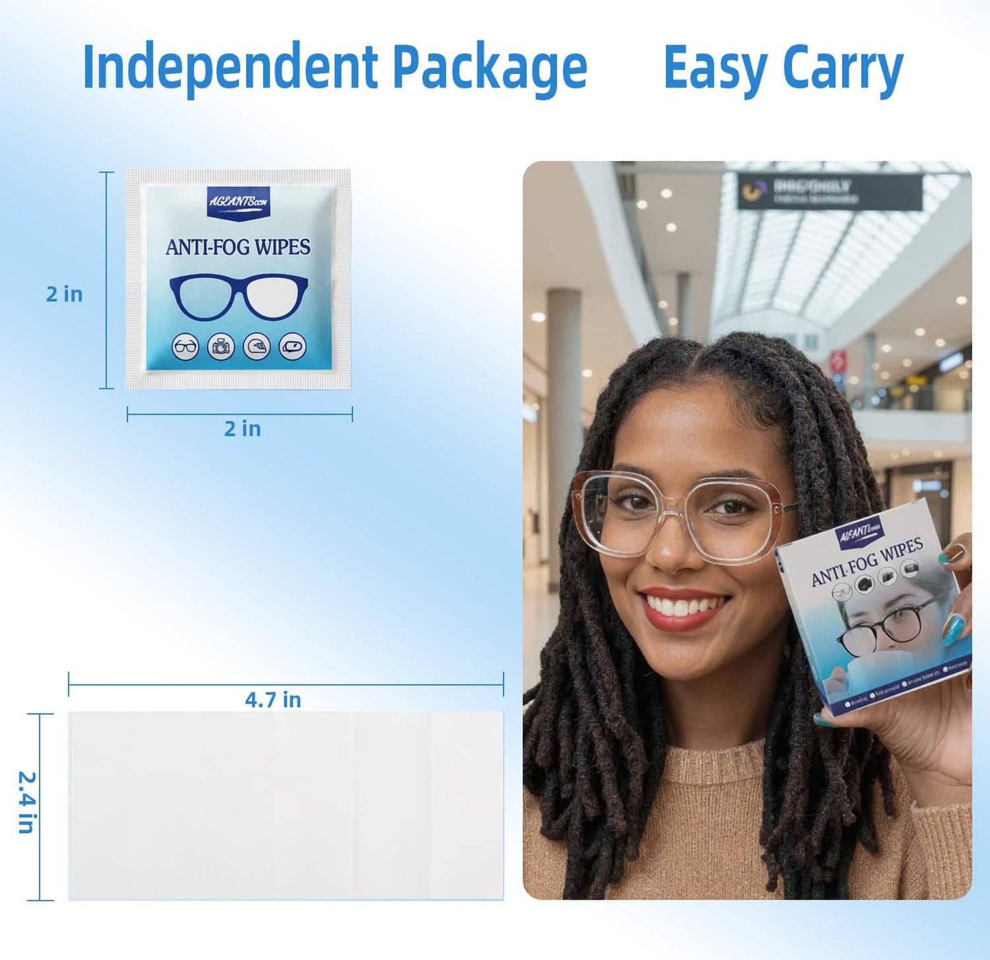 Ageantscom Anti-Fog Wipes for Glasses – 100 Pack, Quick-Dry, Scratch-Free