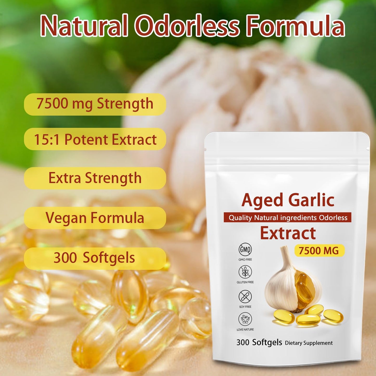 Aged Garlic Extract 300 Softgels, 7500mg Odorless | Heart & Immune Support