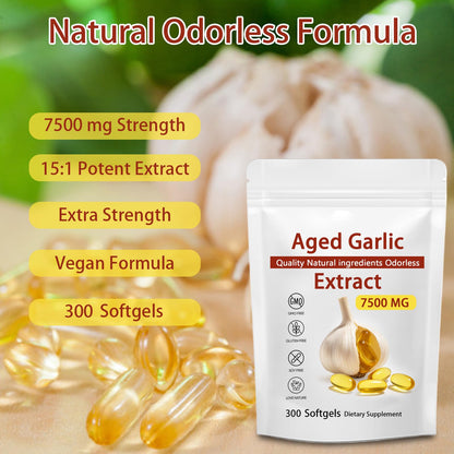 Aged Garlic Extract 300 Softgels, 7500mg Odorless | Heart & Immune Support