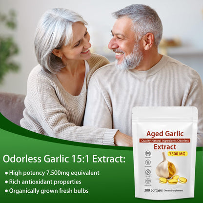 Aged Garlic Extract 300 Softgels, 7500mg Odorless | Heart & Immune Support