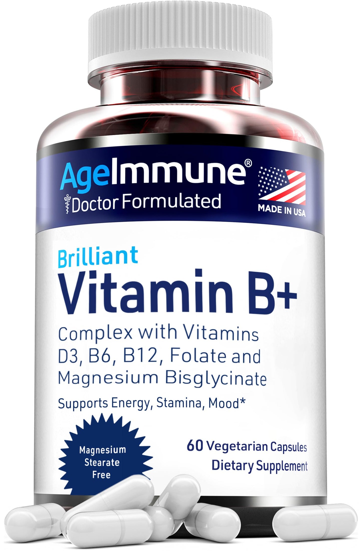 AgeImmune Vitamin B Complex with D3, Methylfolate – Doctor Formulated, Niacin-Free, 60 Capsules