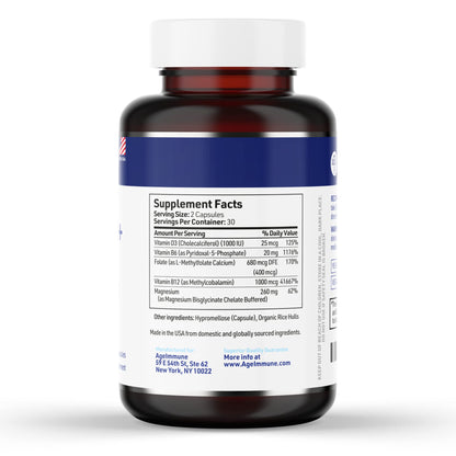 AgeImmune Vitamin B Complex with D3, Methylfolate – Doctor Formulated, Niacin-Free, 60 Capsules