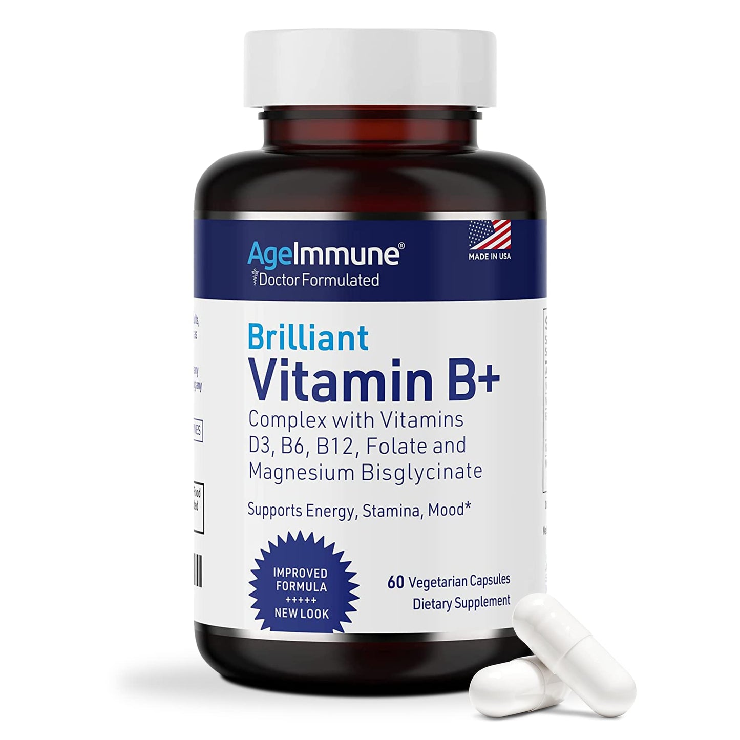 AgeImmune Vitamin B Complex with D3, Methylfolate – Doctor Formulated, Niacin-Free, 60 Capsules