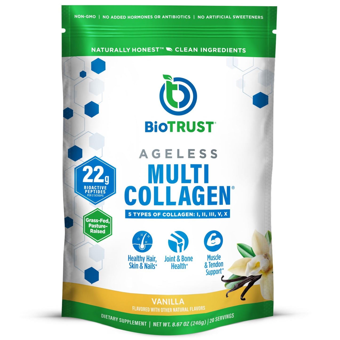 BioTrust Ageless Multi Collagen Peptides Powder – 5 Types I-V-X - Vanilla