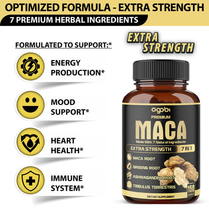 7in1 Premium Maca Root Capsules with Ashwagandha, Ginseng & More | 150 Caps (5 Months) – Natural Energy, Mood & Performance