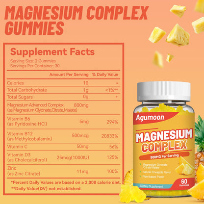 Agumoon Magnesium Gummies 800mg with Zinc & B Vitamins – Pineapple, 120 Count | Non-GMO, Gluten-Free