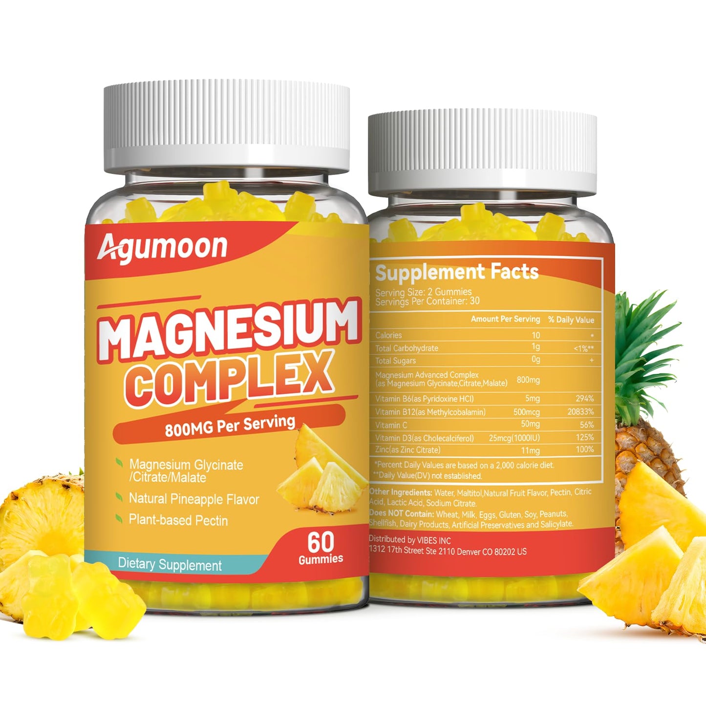 Agumoon Magnesium Gummies 800mg with Zinc & B Vitamins – Pineapple, 120 Count | Non-GMO, Gluten-Free