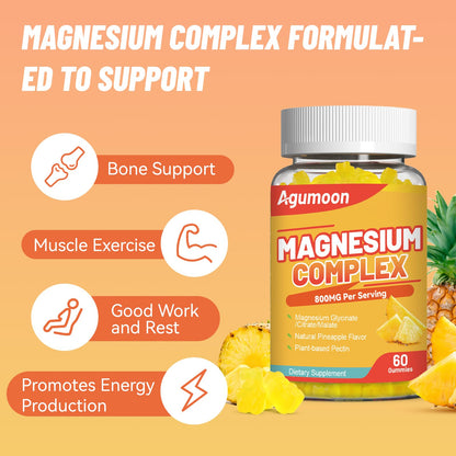 Agumoon Magnesium Gummies 800mg with Zinc & B Vitamins – Pineapple, 120 Count | Non-GMO, Gluten-Free