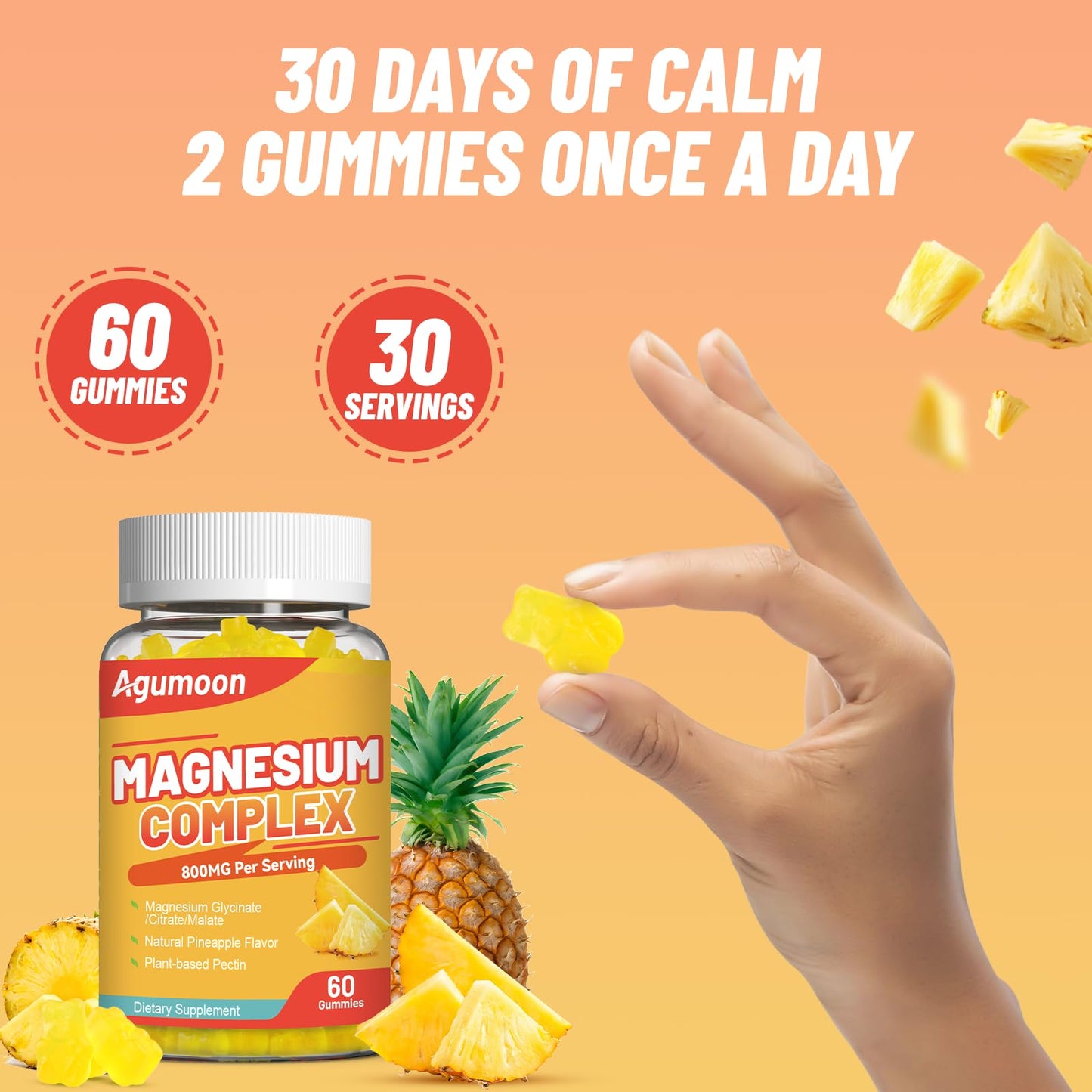 Agumoon Magnesium Gummies 800mg with Zinc & B Vitamins – Pineapple, 120 Count | Non-GMO, Gluten-Free