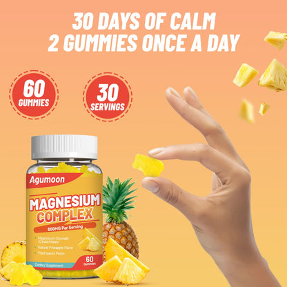 Agumoon Magnesium Gummies 800mg with Zinc & B Vitamins – Pineapple, 120 Count | Non-GMO, Gluten-Free
