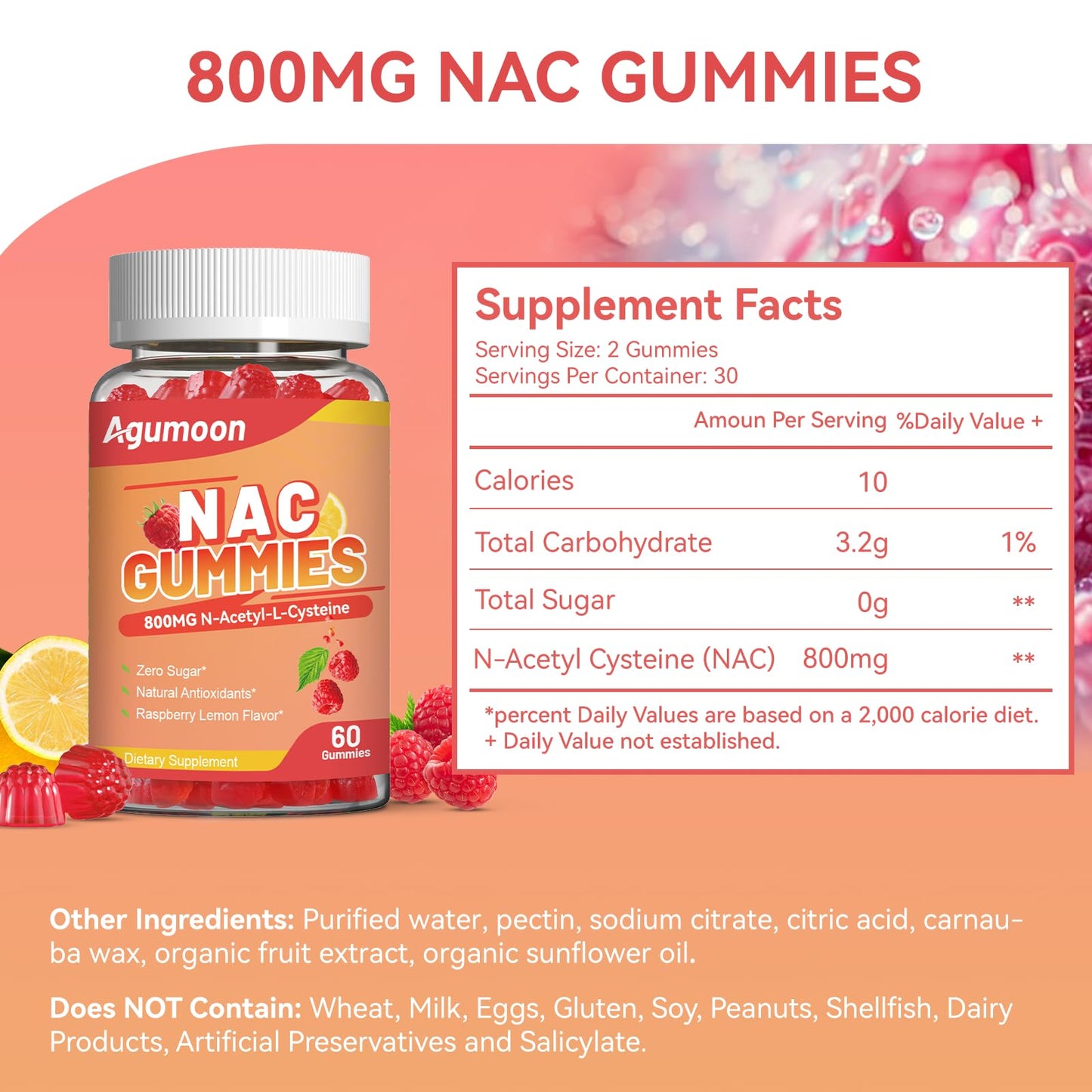 Agumoon NAC Gummies 800mg – Immune Support & Antioxidants (Sugar-Free, 60 Vegan Gummies)