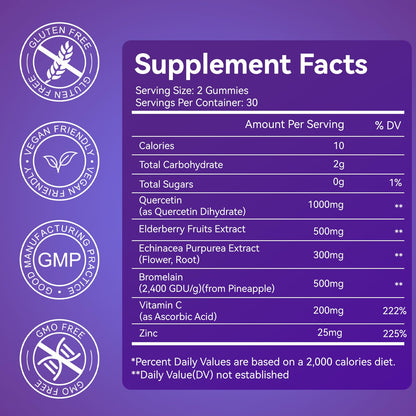 Agumoon Quercetin Gummies – 1000mg Quercetin with Bromelain, Zinc & Elderberry | Vegan Immune & Antioxidant Support (60 Count)