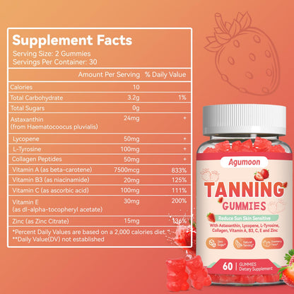 Agumoon Tanning Gummies for Women & Men | Self Tan Supplement with Beta Carotene, Lycopene & Astaxanthin – Vegan 120 Gummies