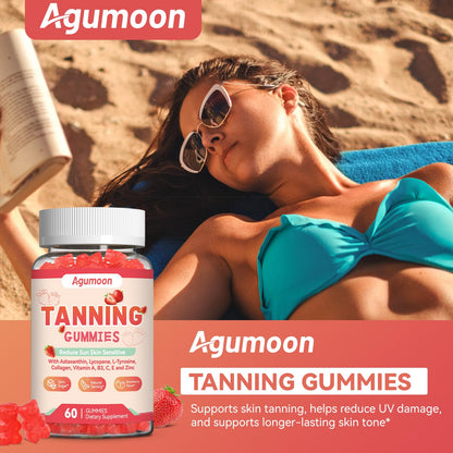Agumoon Tanning Gummies for Women & Men | Self Tan Supplement with Beta Carotene, Lycopene & Astaxanthin – Vegan 120 Gummies