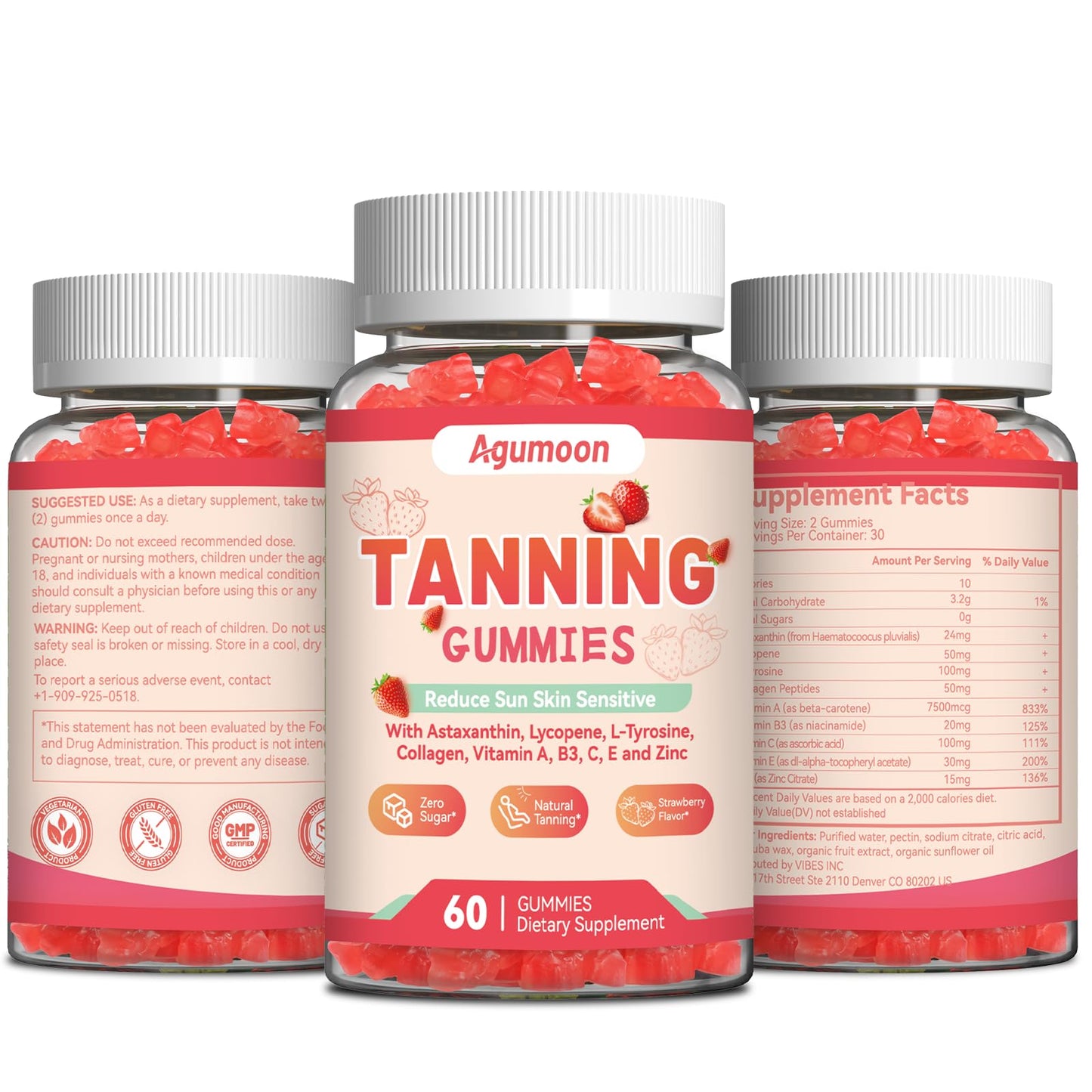 Agumoon Tanning Gummies for Women & Men | Self Tan Supplement with Beta Carotene, Lycopene & Astaxanthin – Vegan 120 Gummies