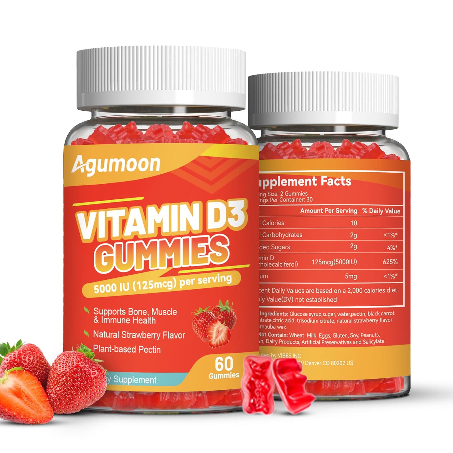 Agumoon Vitamin D3 5000 IU Gummies – 120 Count, Strawberry – Immune Support