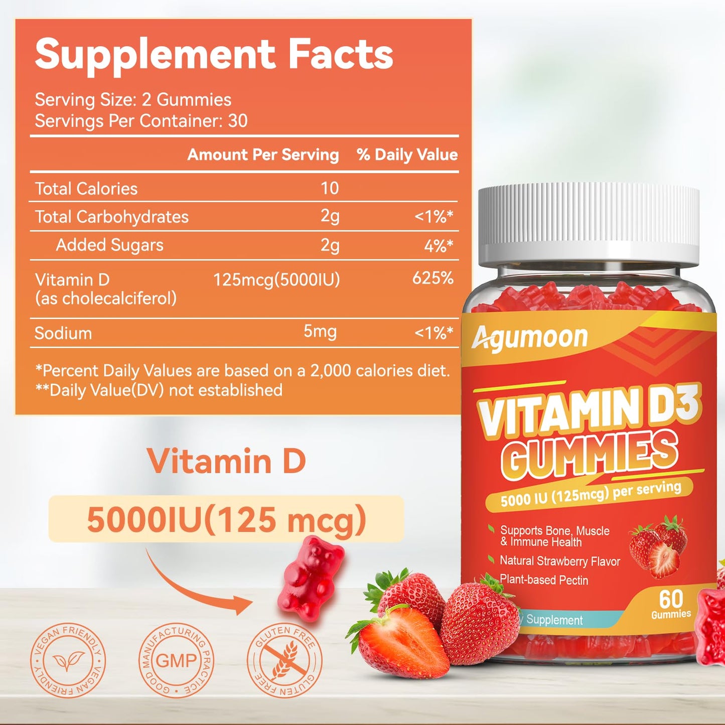 Agumoon Vitamin D3 5000 IU Gummies – 120 Count, Strawberry – Immune Support