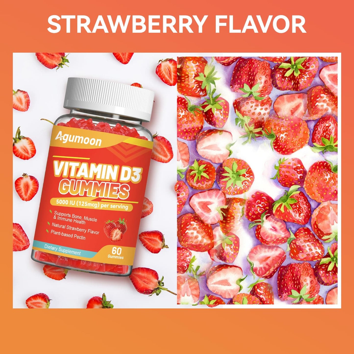 Agumoon Vitamin D3 5000 IU Gummies – 120 Count, Strawberry – Immune Support