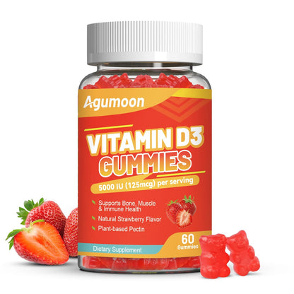 Agumoon Vitamin D3 5000 IU Gummies – Immune, Bone & Muscle Support | 60 Count Strawberry