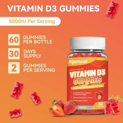 Agumoon Vitamin D3 5000 IU Gummies – Immune, Bone & Muscle Support | 60 Count Strawberry