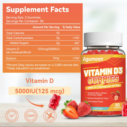 Agumoon Vitamin D3 5000 IU Gummies – Immune, Bone & Muscle Support | 60 Count Strawberry