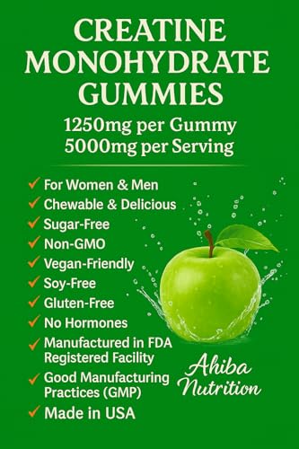 Ahiba Creatine Monohydrate Gummies – 5g Serving, Vegan, Sugar-Free, Made in USA