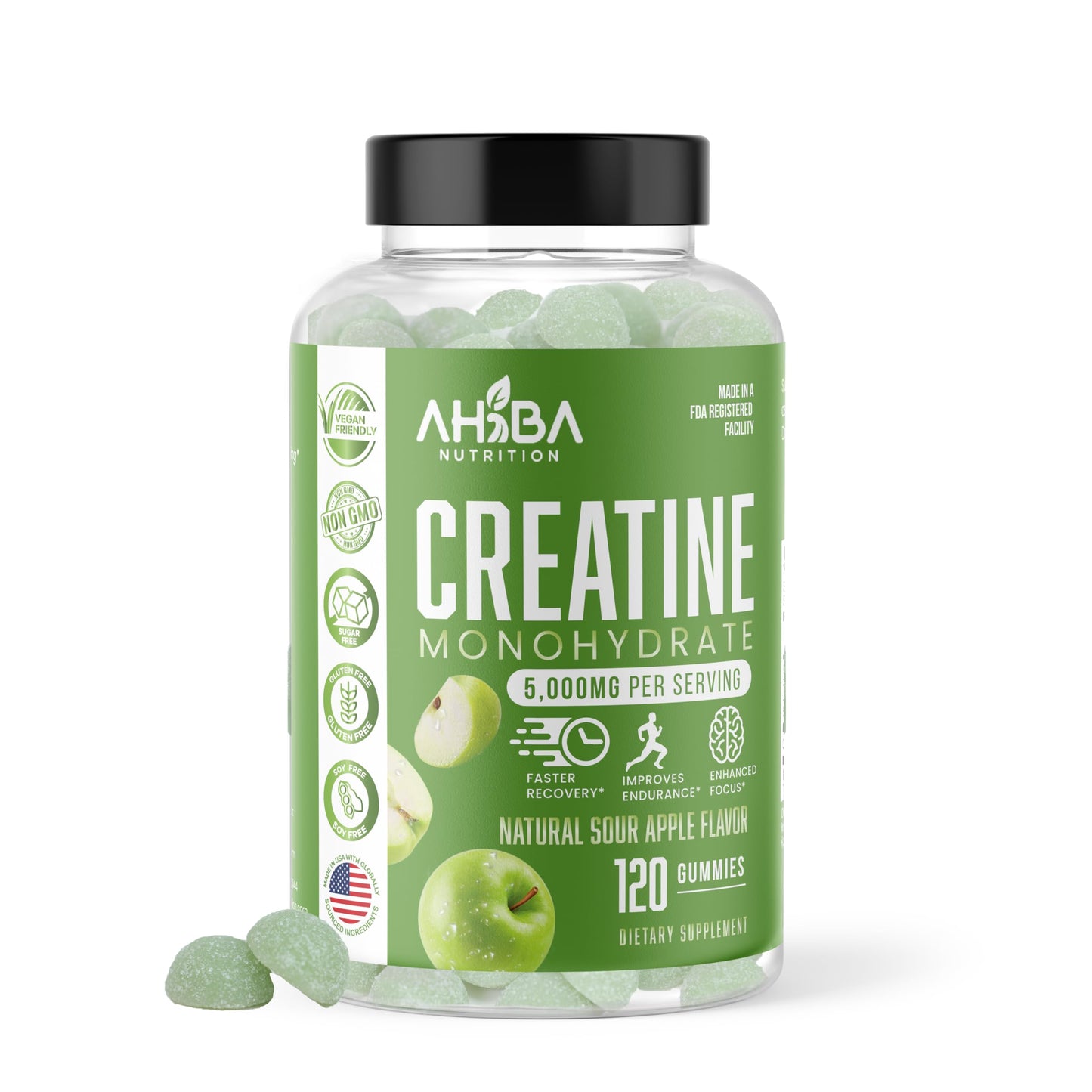 Ahiba Creatine Monohydrate Gummies – 5g Serving, Vegan, Sugar-Free, Made in USA