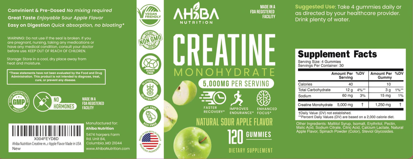 Ahiba Creatine Monohydrate Gummies – 5g Serving, Vegan, Sugar-Free, Made in USA